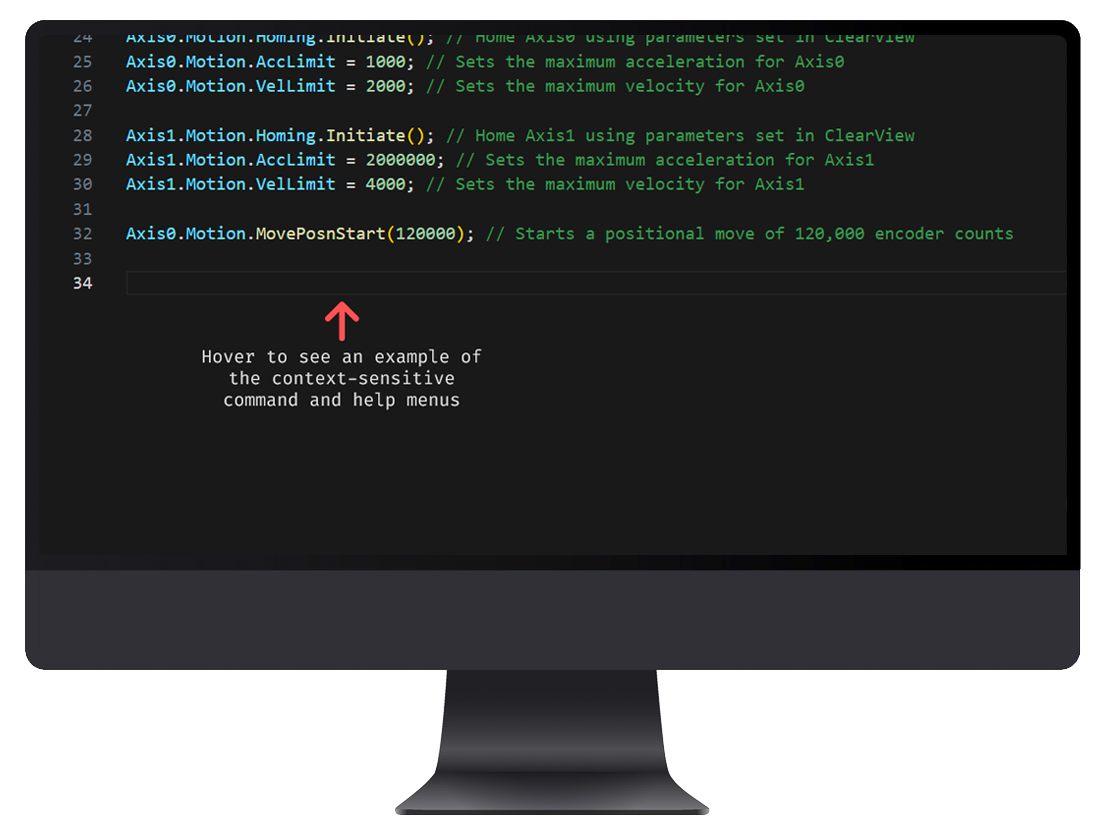 ClearPath SC Motor; C++ modern object-oriented programming example; easy coding with context-sensitive commands and help