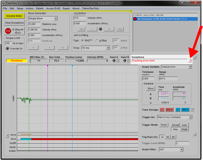 ClearViewimage of tracking error limit shutdown exceptions message